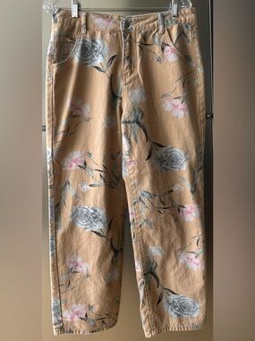 Floral Cotton Pants Men’s Medium Tan Vintage Style Straight Leg